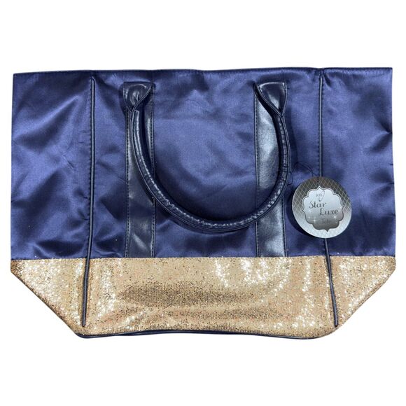 Star Luxe Women's Blue Gold Leather Strap Bling Sequins Shopping Tote Bag - OS - Picture 1 of 8